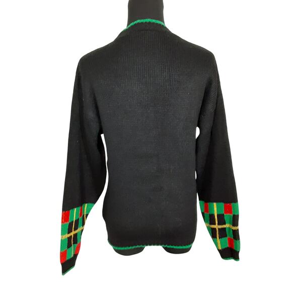 Vintage 80s Scottie Dog Christmas Sweater Tartan Plaid Black Retro Grandmacore - Picture 5 of 10